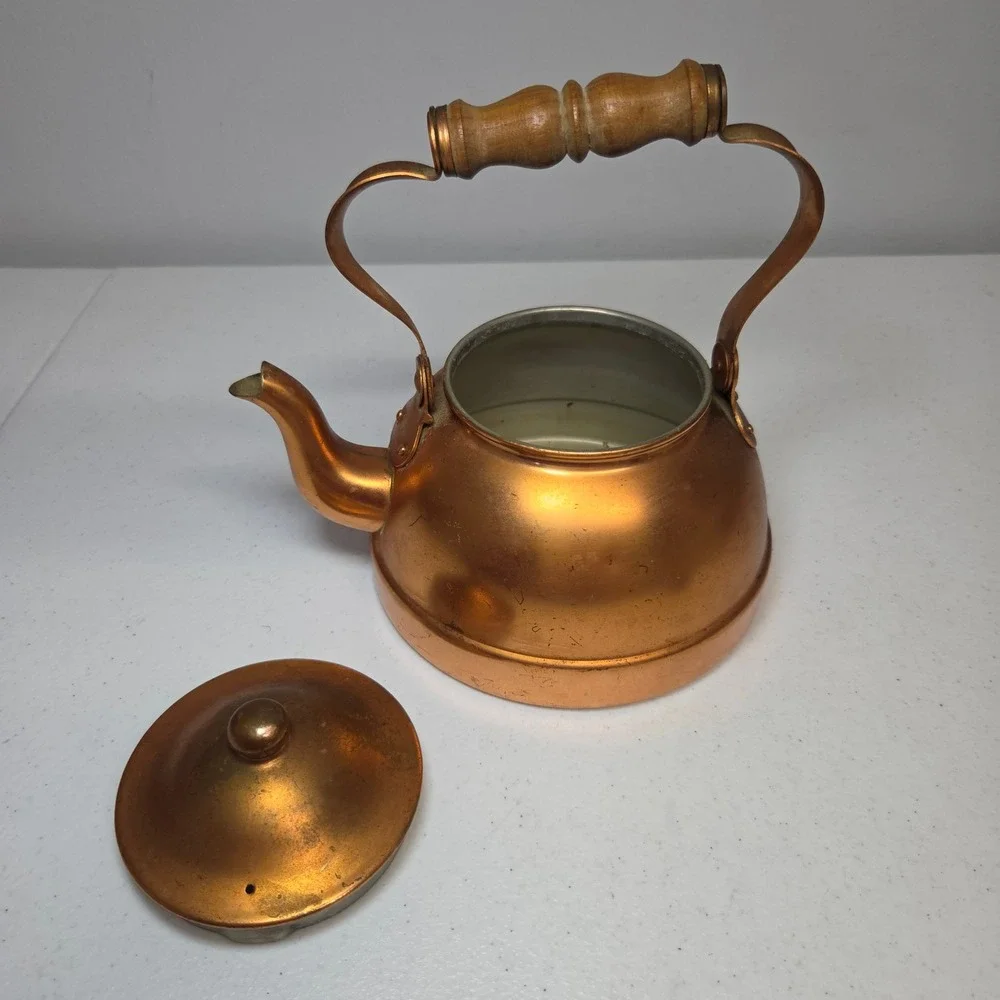 Portugal‎ Copper Teapot Vintage Tea Kettle with Wooden Handle Retro Rustic